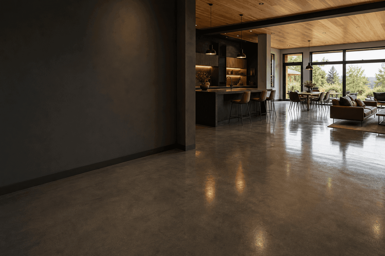 Glossy polished concrete floor in a modern Kamloops home interior