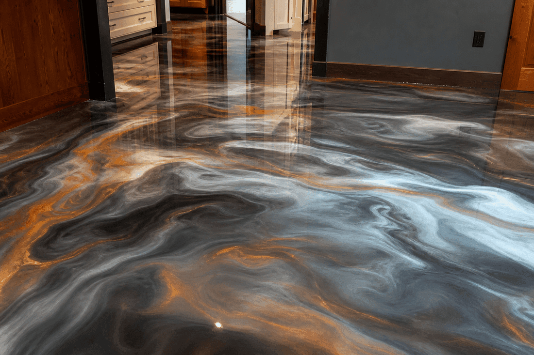 Metallic epoxy floor with a marbled finish in Kamloops